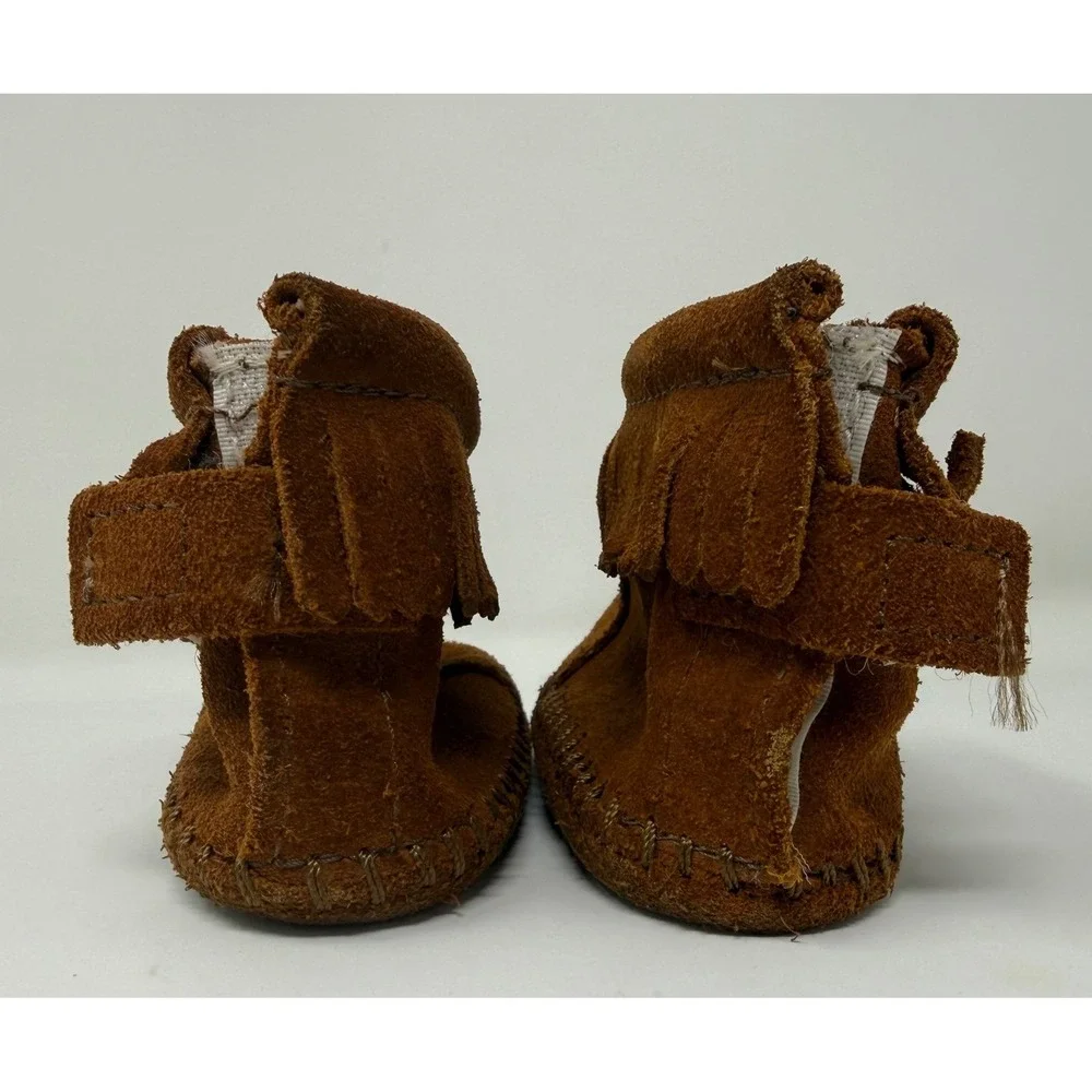 Minnetonka Infant's Brown Suede Leather Fringe‎ Back Strap Booties Size 3